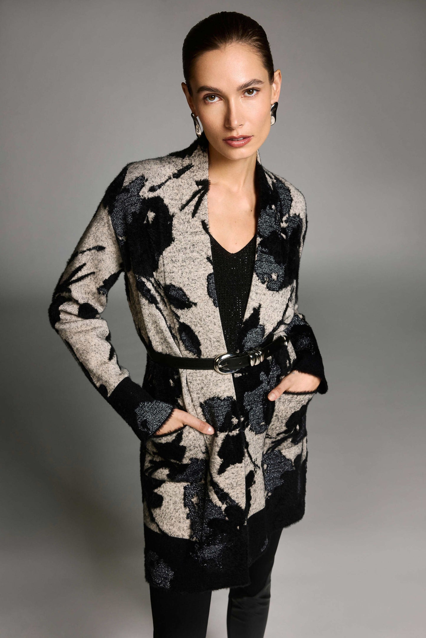 Abstract Jacquard Sweater Knit Long Cardigan. Style JR253956