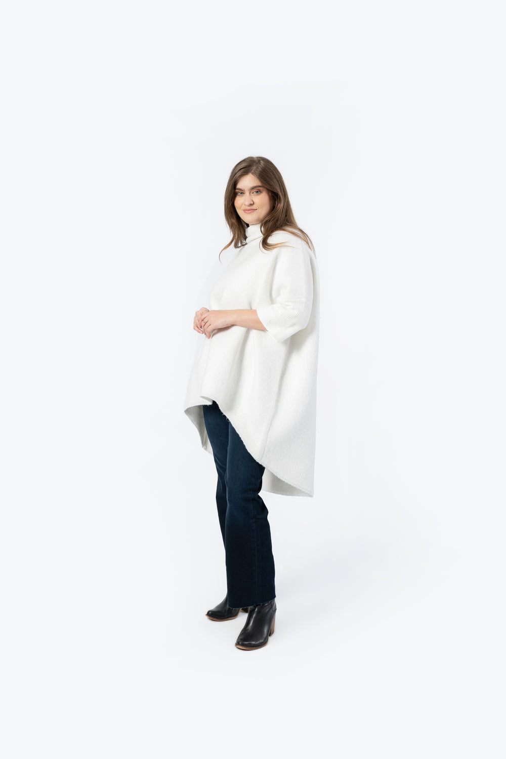 High-Low Raglan Sleeve Mock Neck Sweater. Style FS253A09