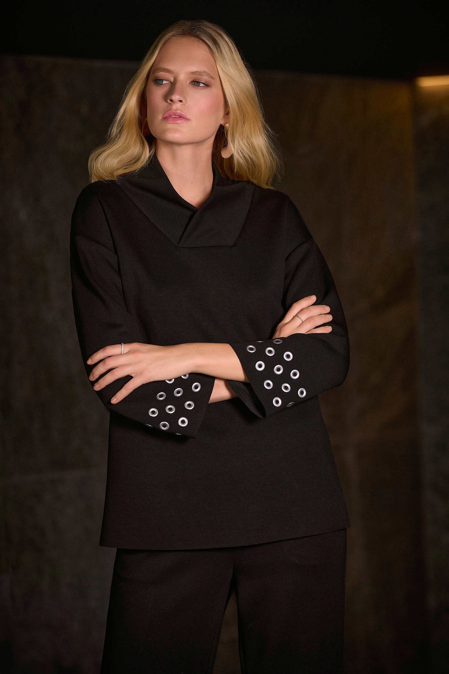 Scuba Jersey Grommet Detail Shawl Collar Top. Style JR254067