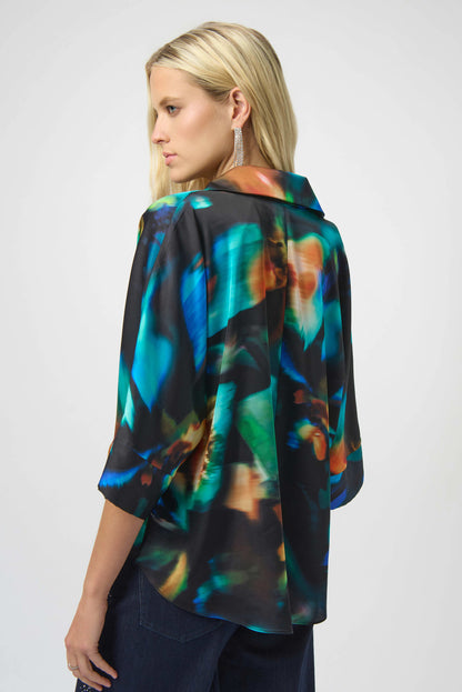 Satin Abstract Print Draped Front Top. Style JR254097