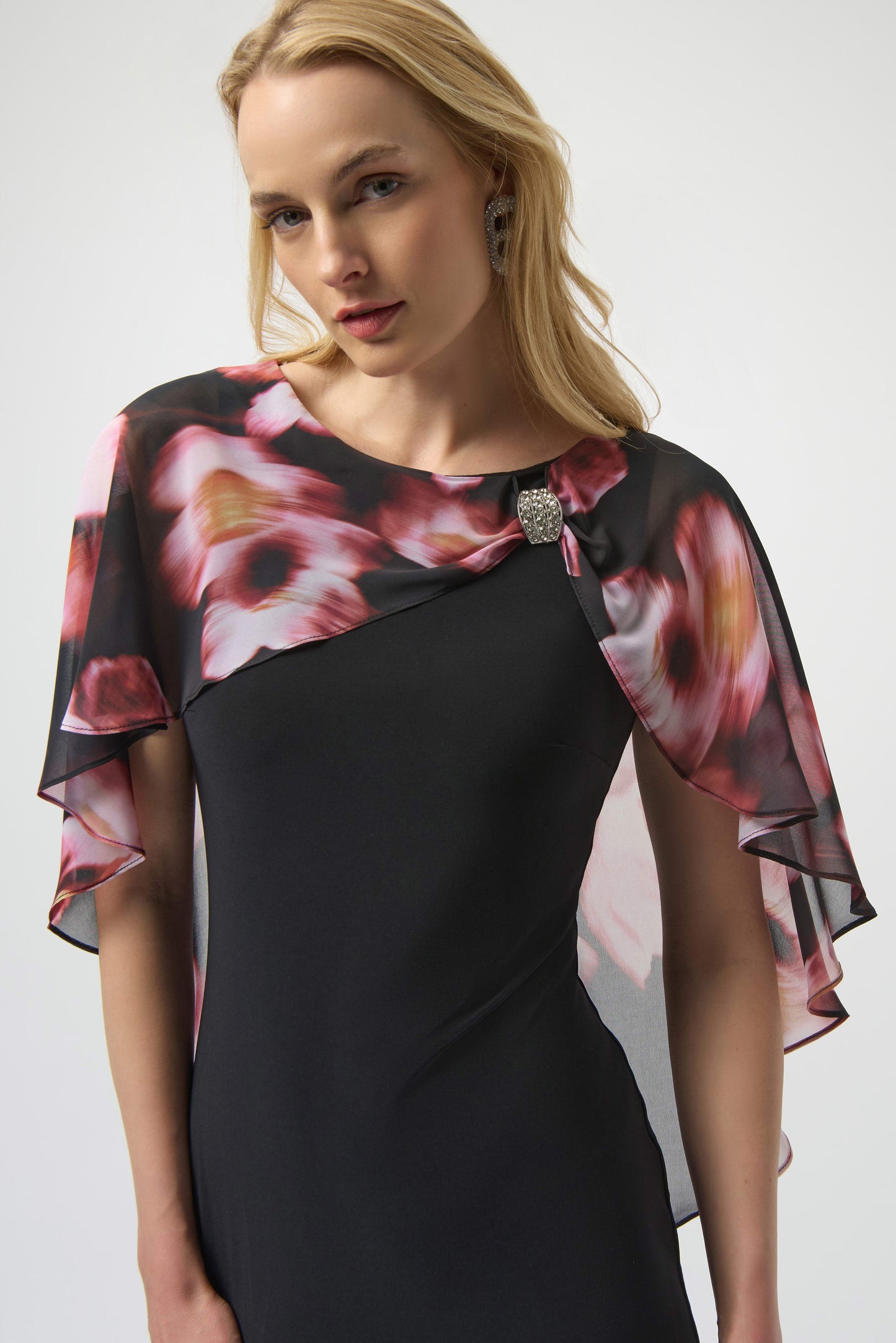 Floral Chiffon Cape Layered Dress. Style JR254164