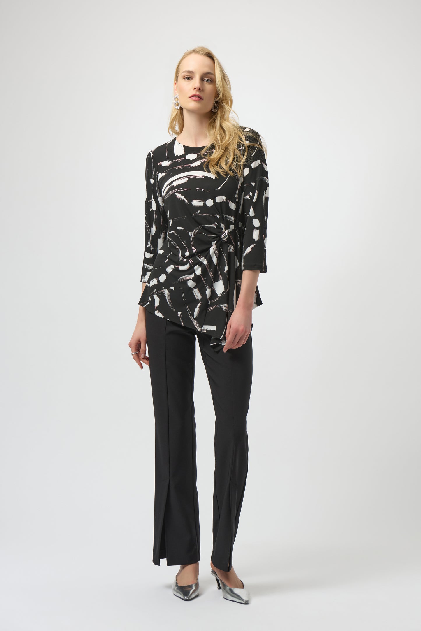 Silky Knit Abstract Print Asymmetrical Top. Style JR254165