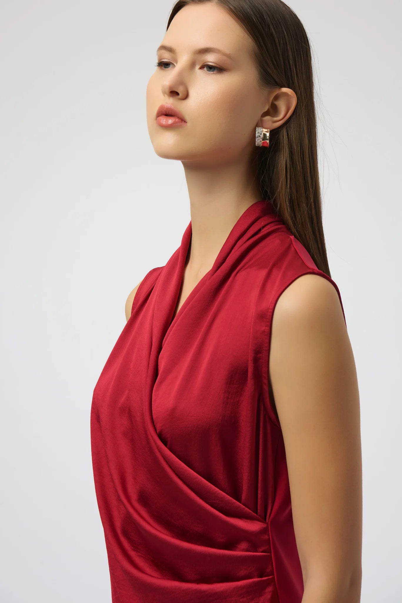 Cherry Satin Sleeveless Wrap Top. Style JR254215
