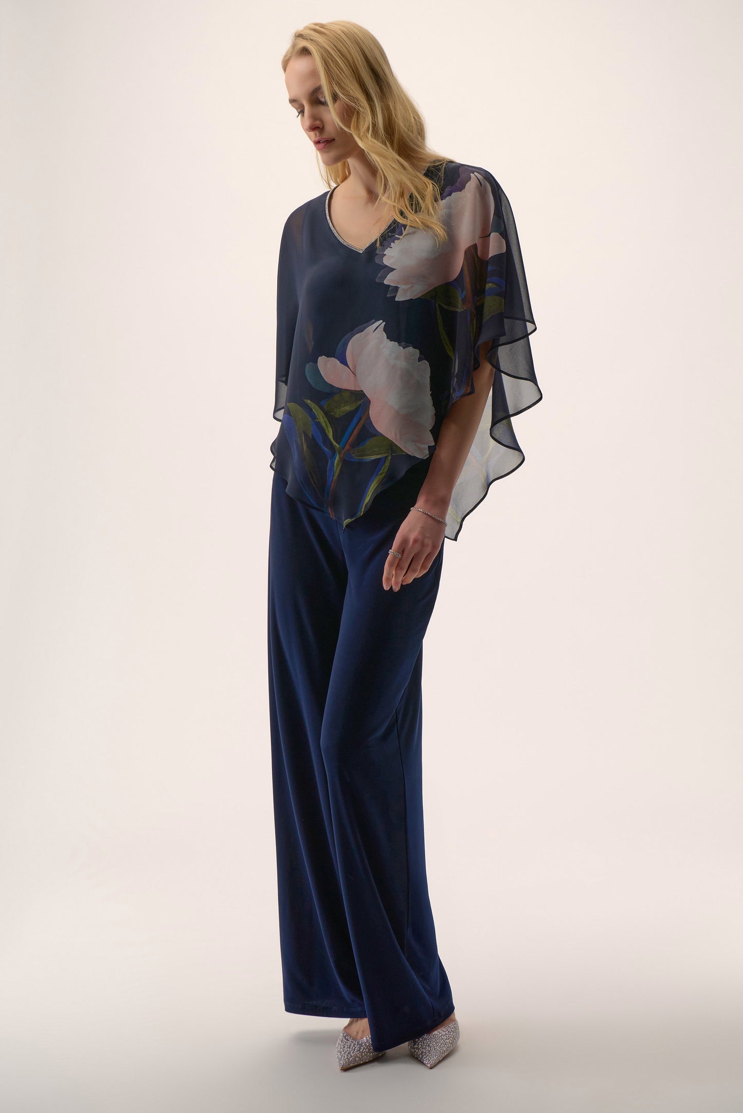 Chiffon & Silky Knit Floral Print Poncho Top. Style JR254731