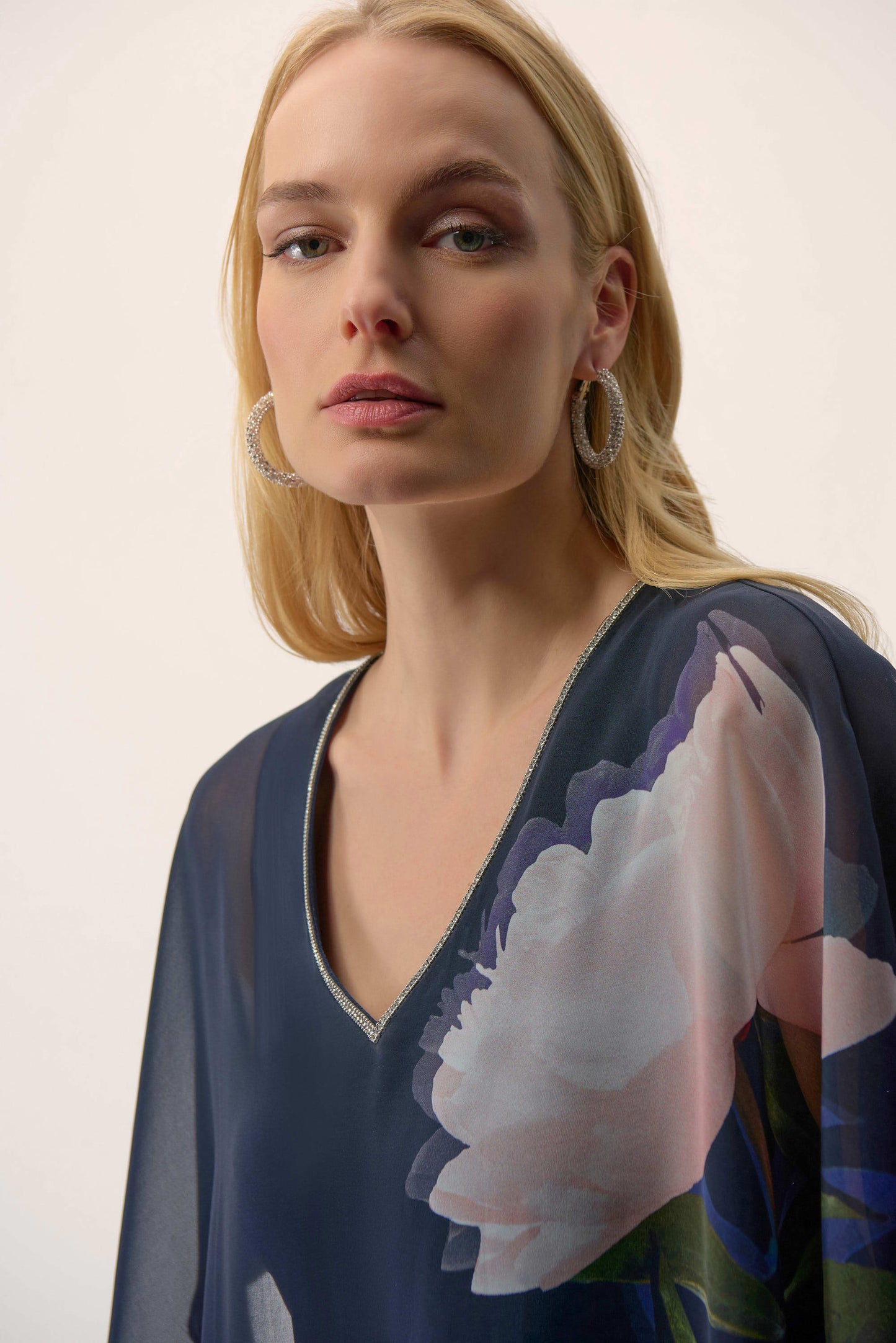 Chiffon & Silky Knit Floral Print Poncho Top. Style JR254731