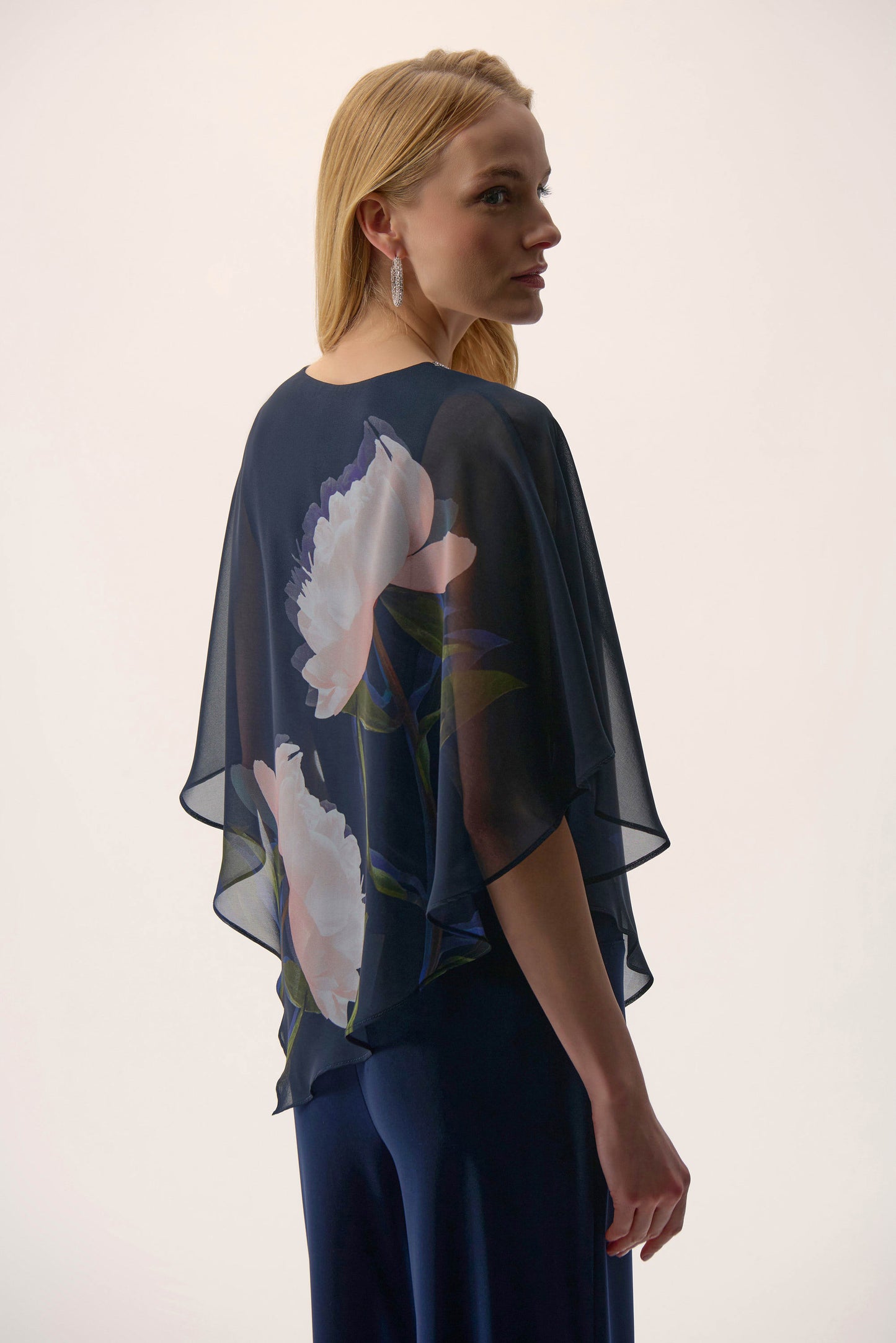 Chiffon & Silky Knit Floral Print Poncho Top. Style JR254731