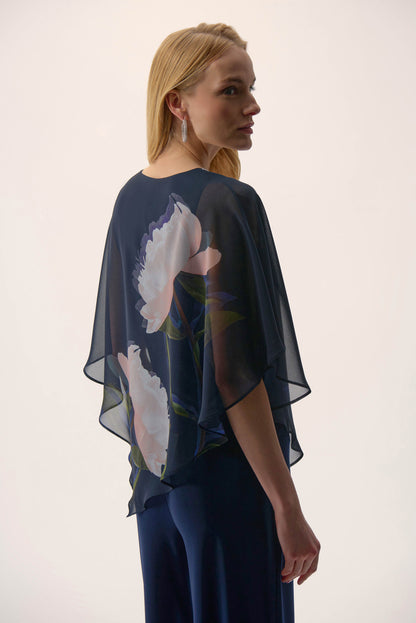 Chiffon & Silky Knit Floral Print Poncho Top. Style JR254731