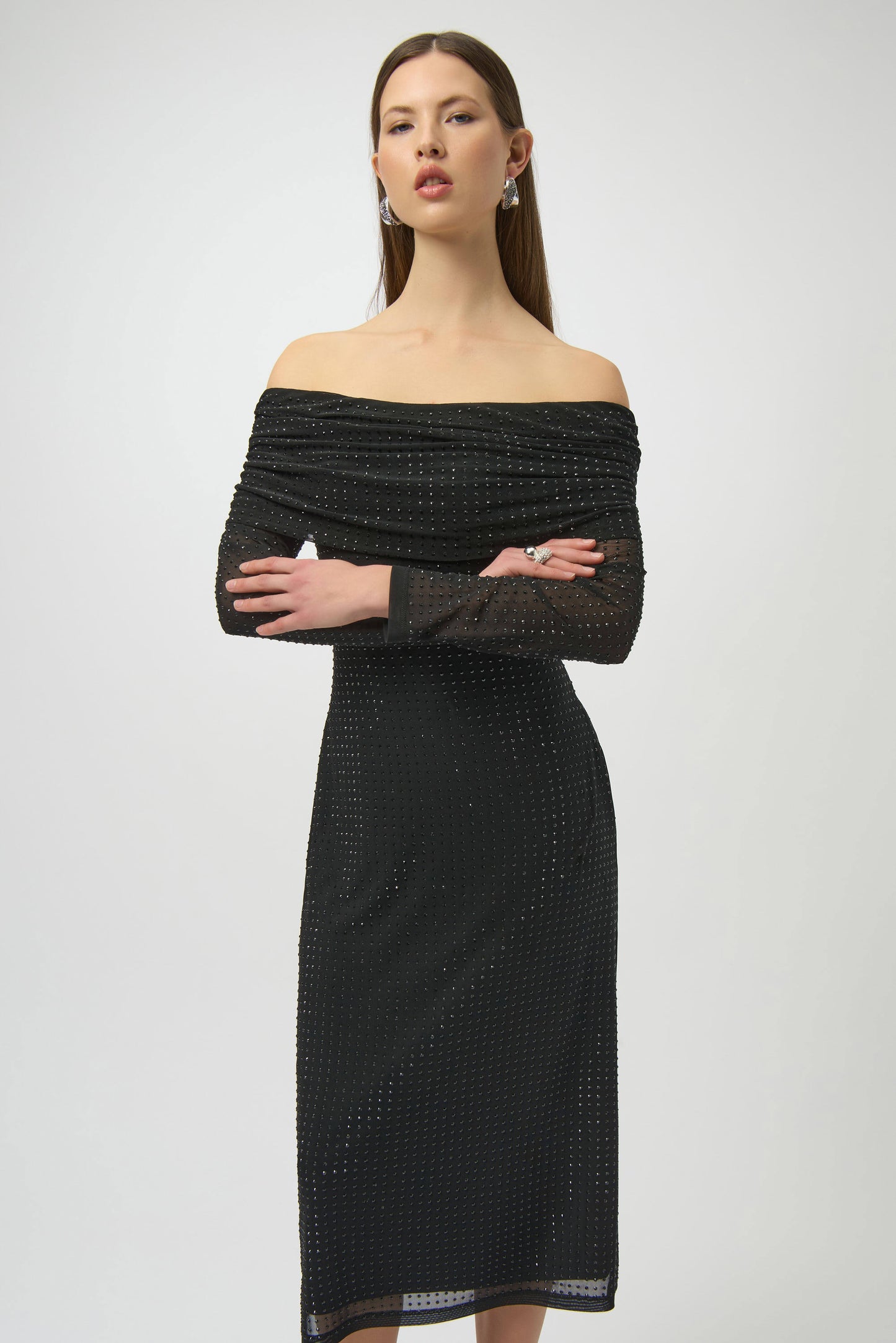 Rhinestone Mesh Off-Shoulder Midi Dress. Style JR254913