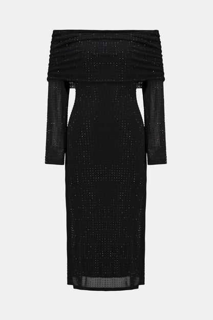 Rhinestone Mesh Off-Shoulder Midi Dress. Style JR254913
