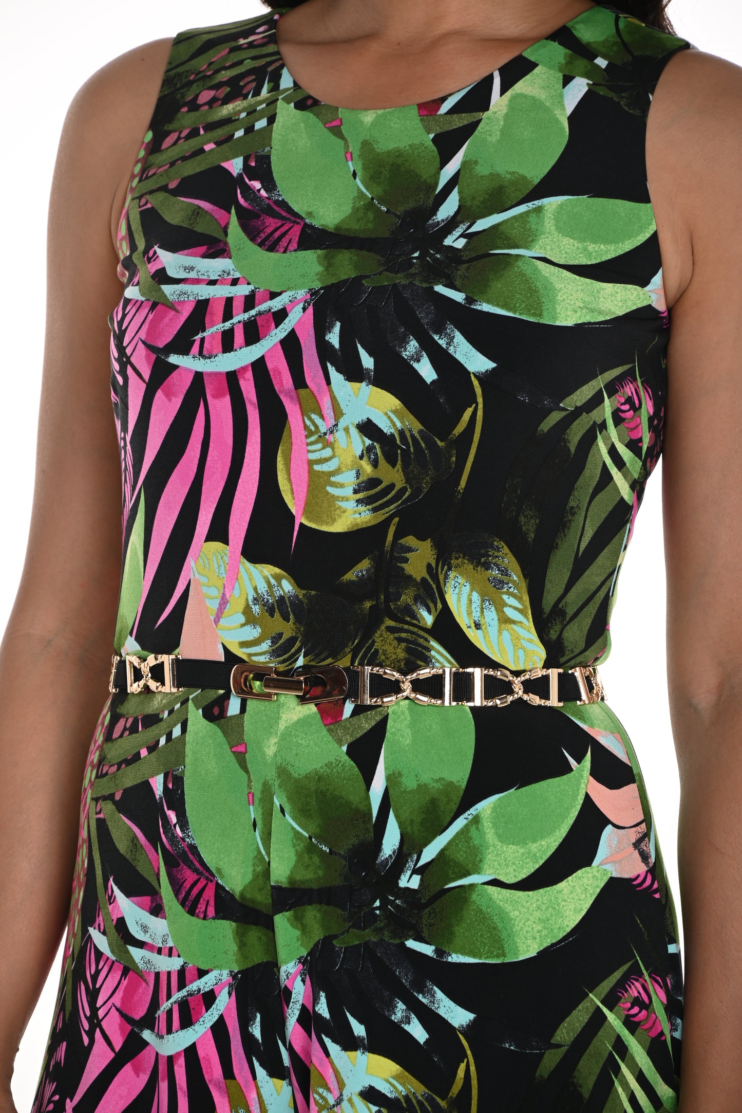 Tropical Print Godl Belt Jumpsuit. Style FL256123