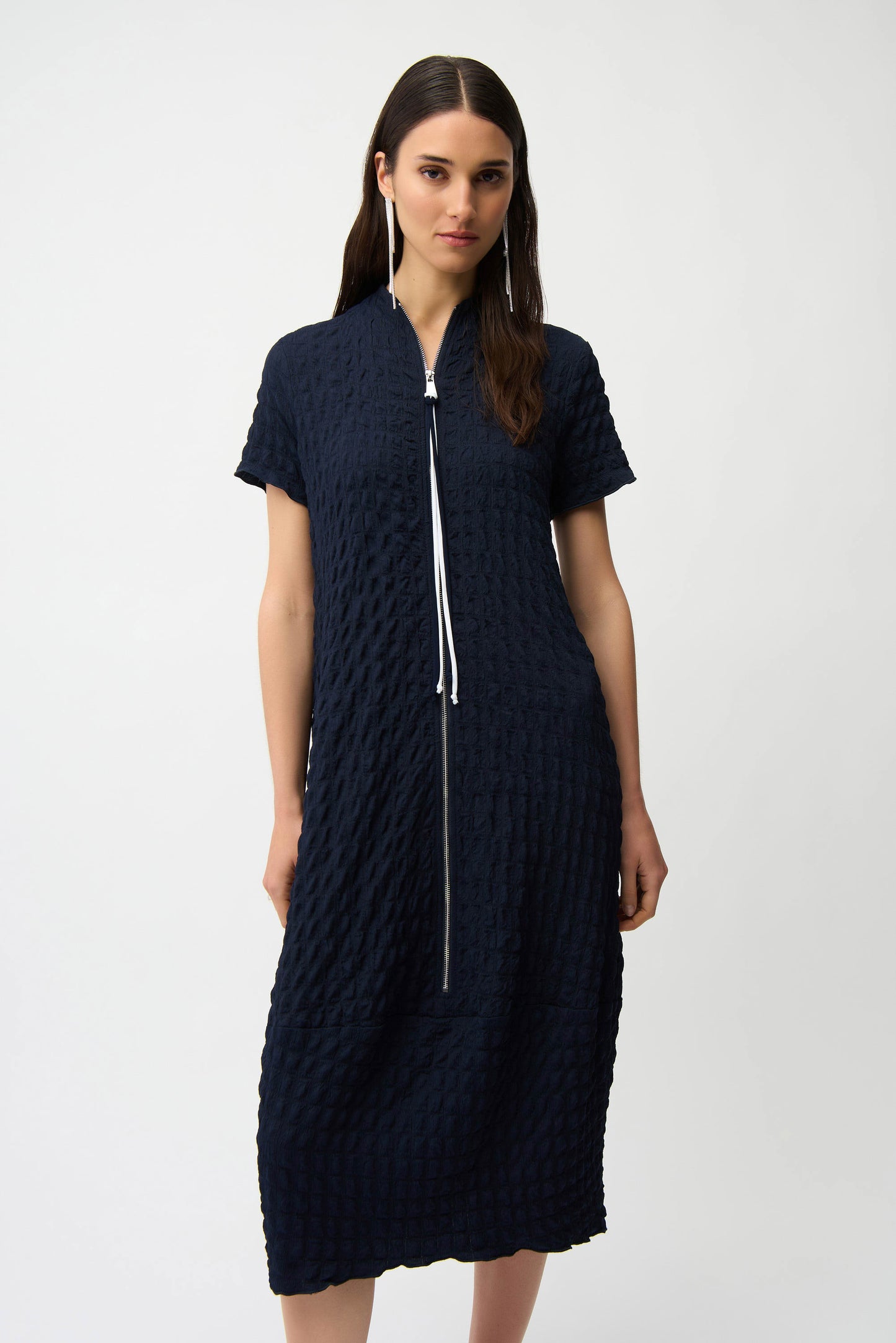 Textured Knit Front Zipper Cocoon Dress. Style JR261064