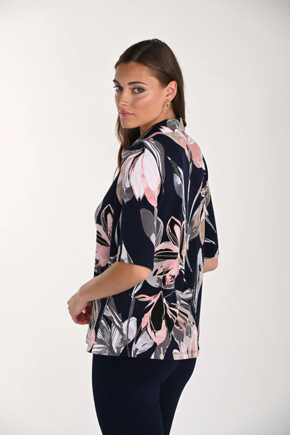 Floral Print 1/2 Sleeve Rhinestone Zipper Top. Style FL261136
