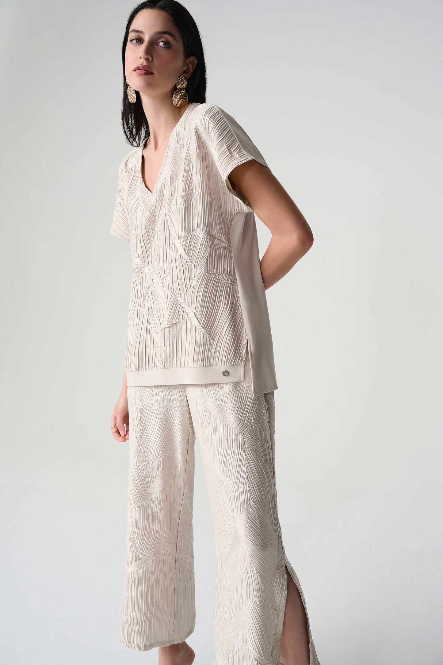 Pleated Satin Boxy Silky Knit Back Top. Style JR261160