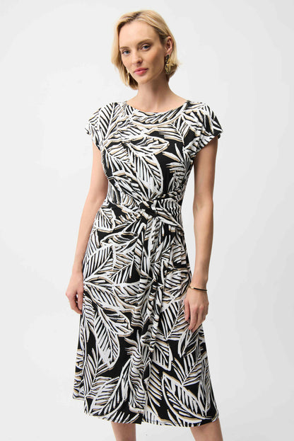 Silky Knit Tropical Print Fit and Flare Dress. Style JR261211