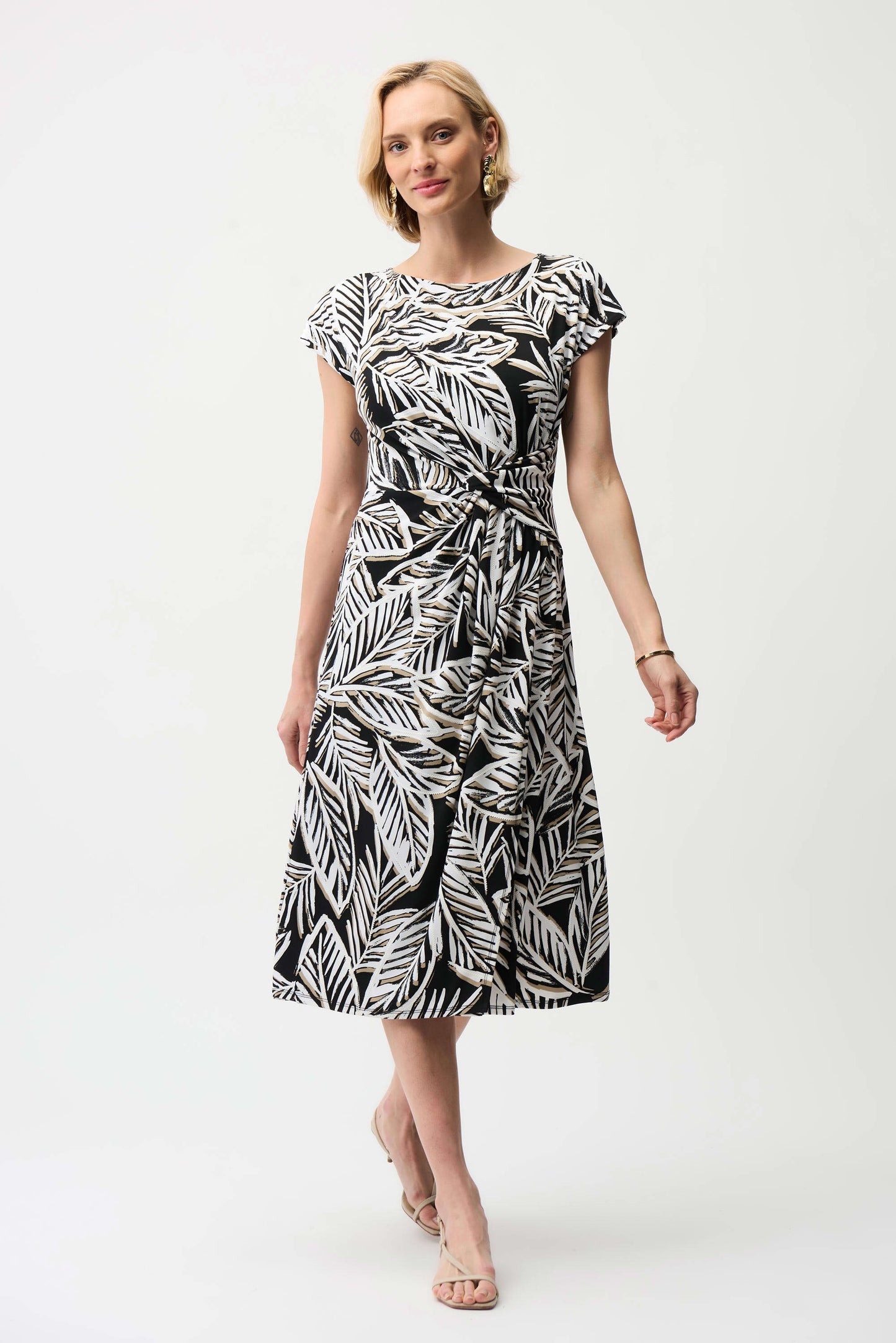 Silky Knit Tropical Print Fit and Flare Dress. Style JR261211