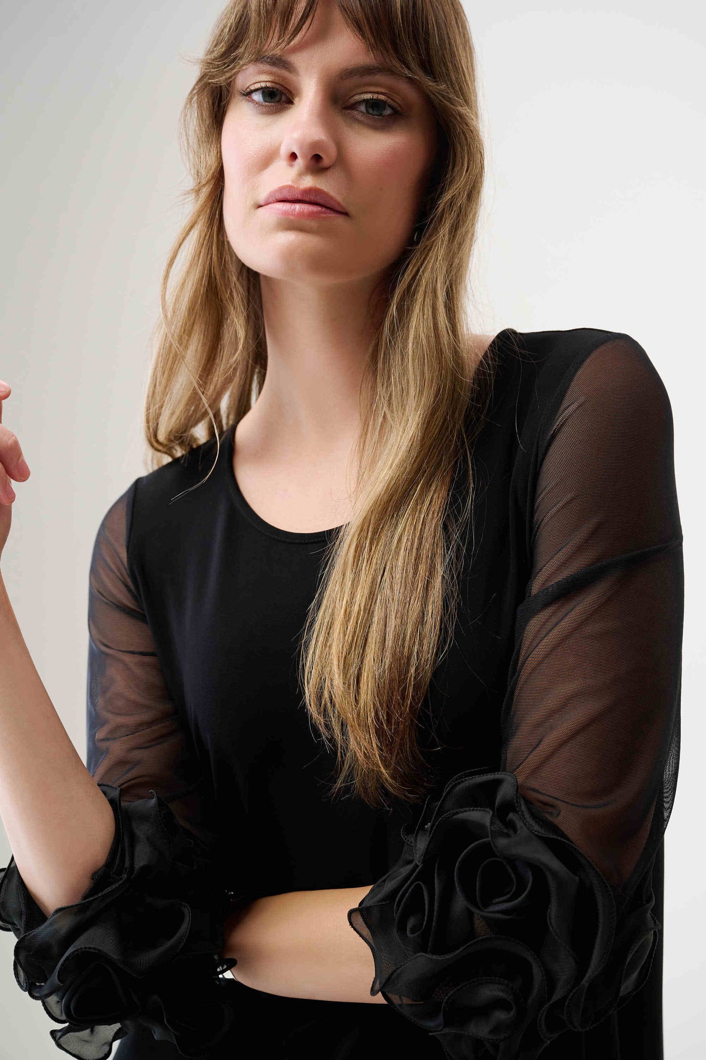 Ruffle Trim Mesh & Knit A-line Dress. Style JR261212