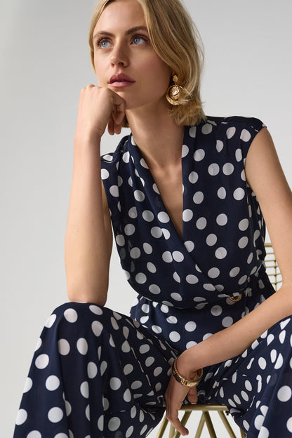 Dot Print Wrap Peplum Gold Buttons Top. Style JR261250