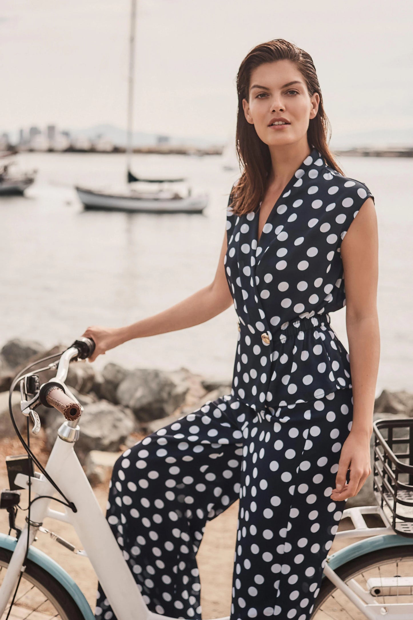 Dot Print Wrap Peplum Gold Buttons Top. Style JR261250