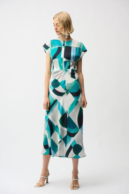 Textured Satin Geometric Print Fit and Flare Dress. Style JR261251
