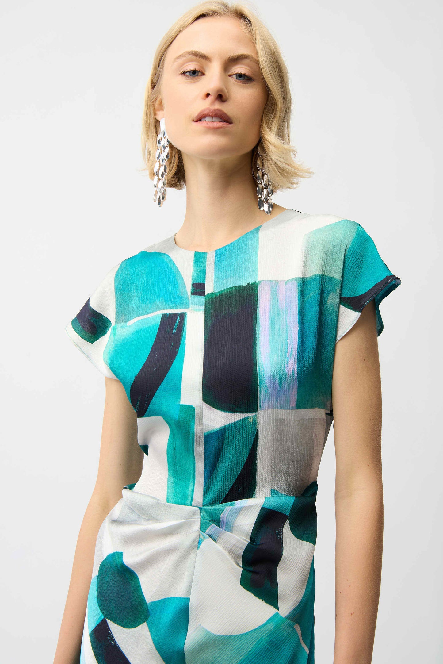 Textured Satin Geometric Print Fit and Flare Dress. Style JR261251