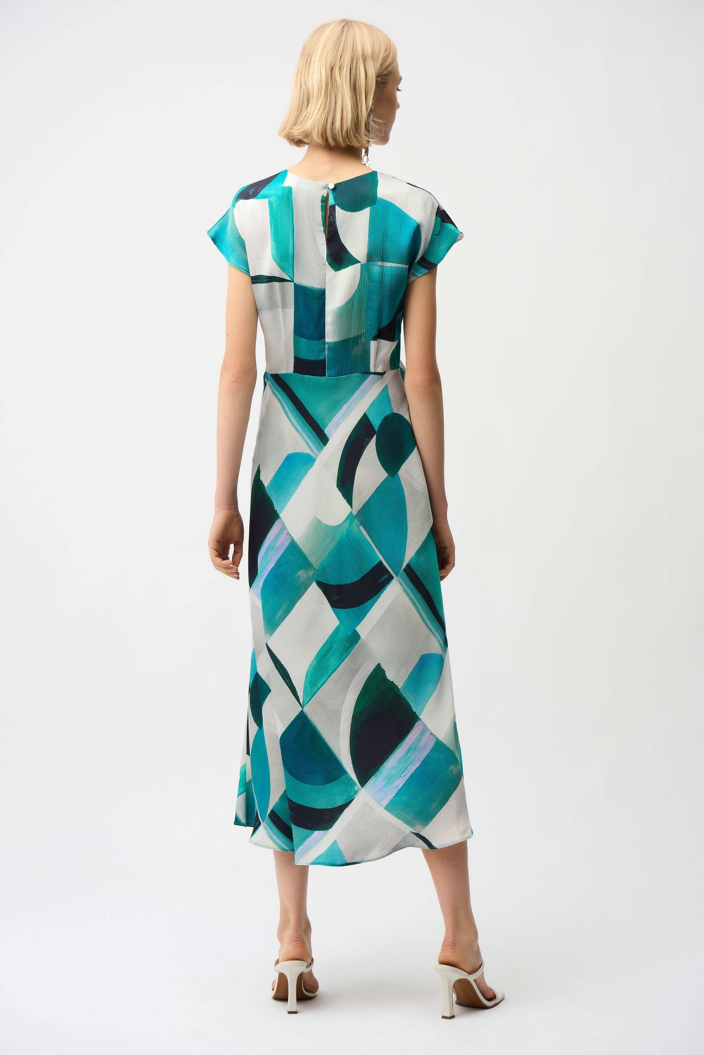Textured Satin Geometric Print Fit and Flare Dress. Style JR261251
