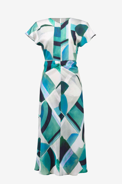 Textured Satin Geometric Print Fit and Flare Dress. Style JR261251