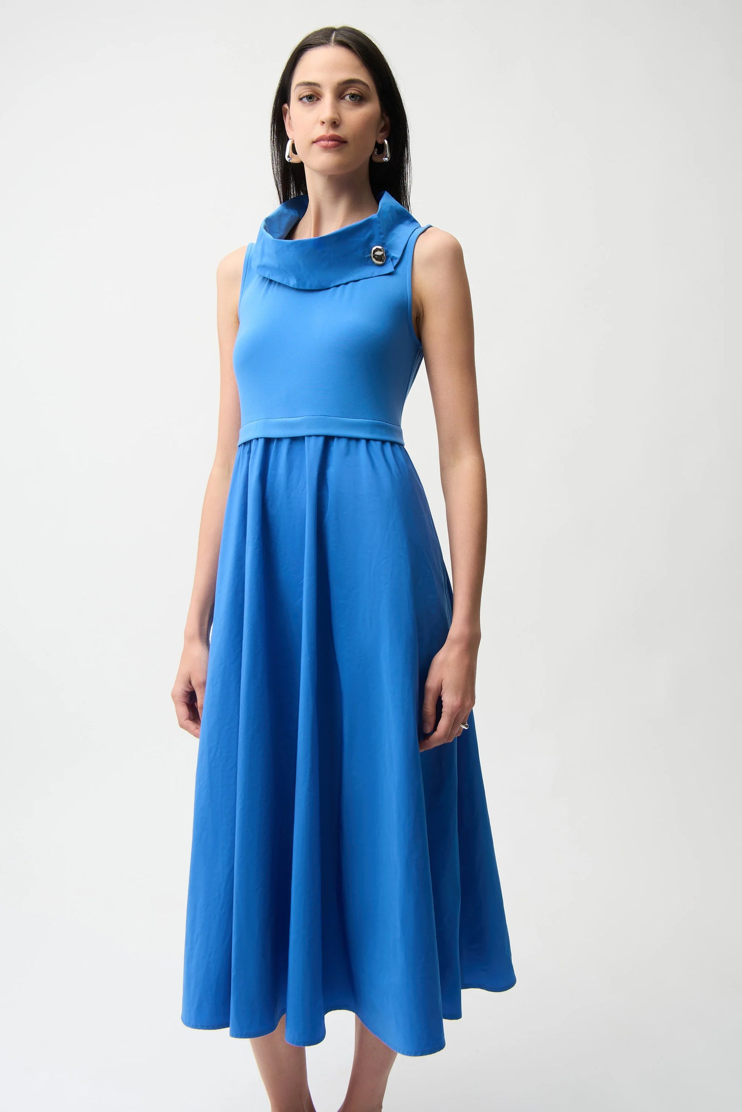 Silky Knit And Memory Fit and Flare Shawl Collar Dress. Style JR261274