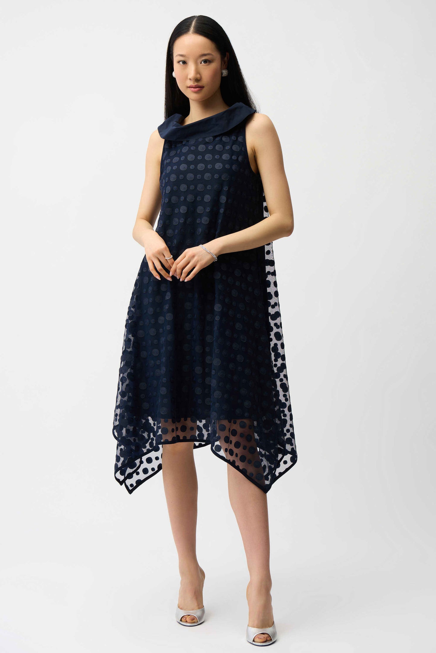Dot Embroidered Mesh Handkerchief Cowl Collar Dress. Style JR261299