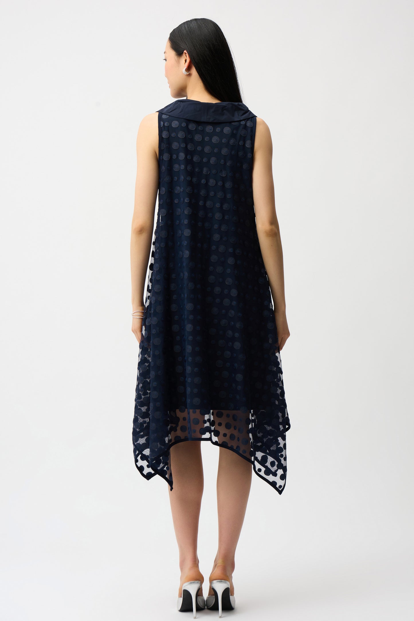 Dot Embroidered Mesh Handkerchief Cowl Collar Dress. Style JR261299