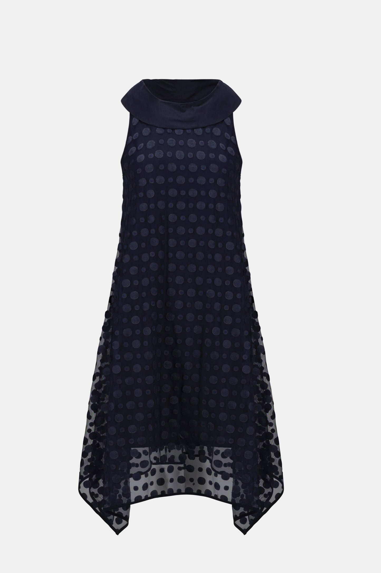 Dot Embroidered Mesh Handkerchief Cowl Collar Dress. Style JR261299