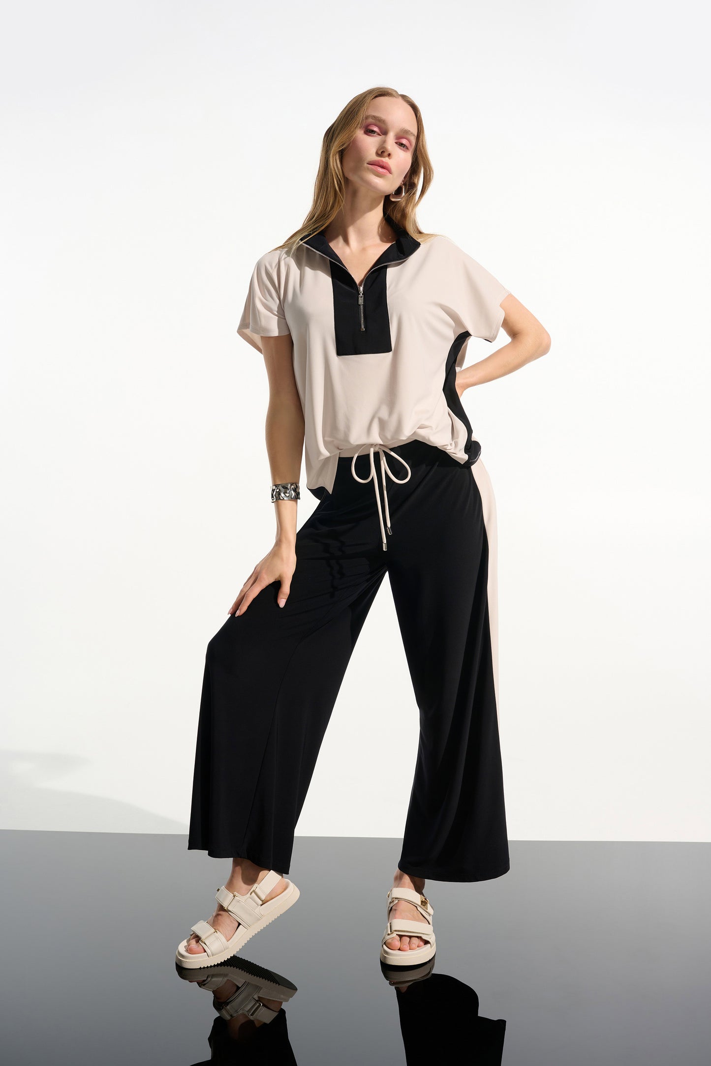 Silky Knit Color Block Zipped Collar Top. Style JR261611