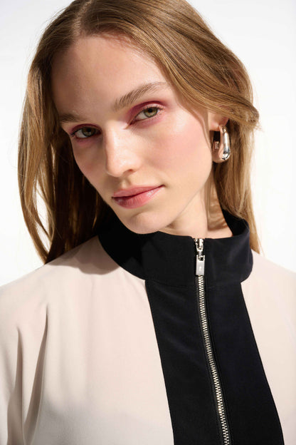 Silky Knit Color Block Zipped Collar Top. Style JR261611