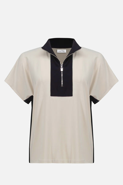 Silky Knit Color Block Zipped Collar Top. Style JR261611