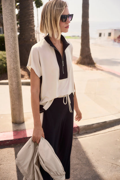 Silky Knit Color Block Zipped Collar Top. Style JR261611