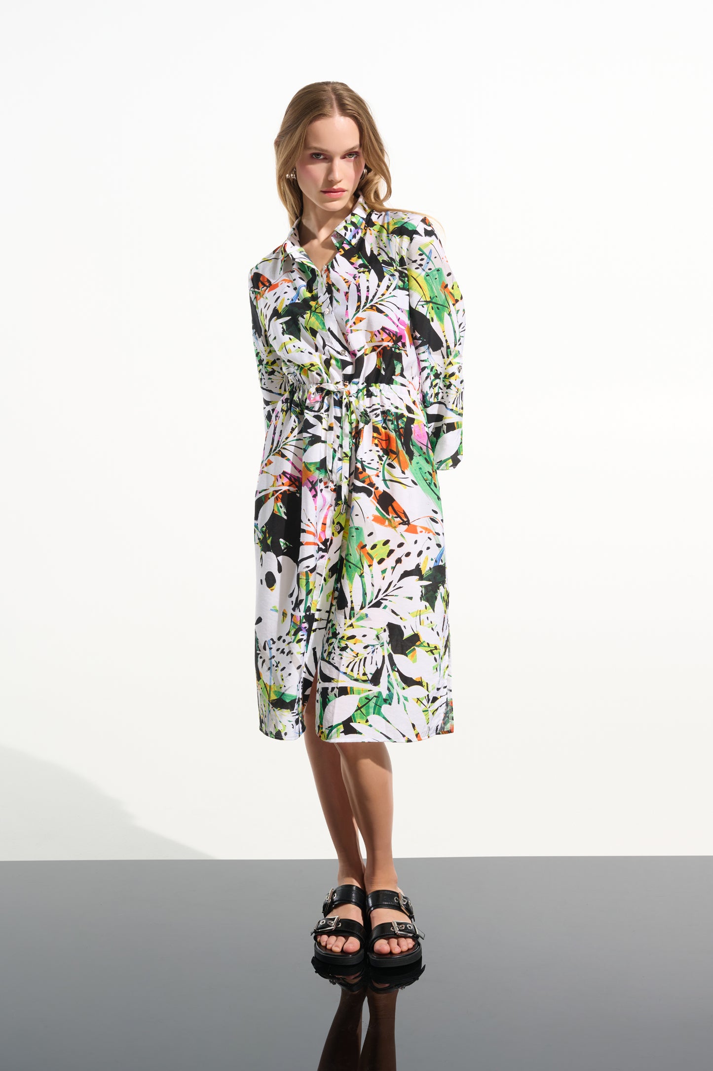 Crinkled Woven Tropical Print Shirt Dress. Style JR261623