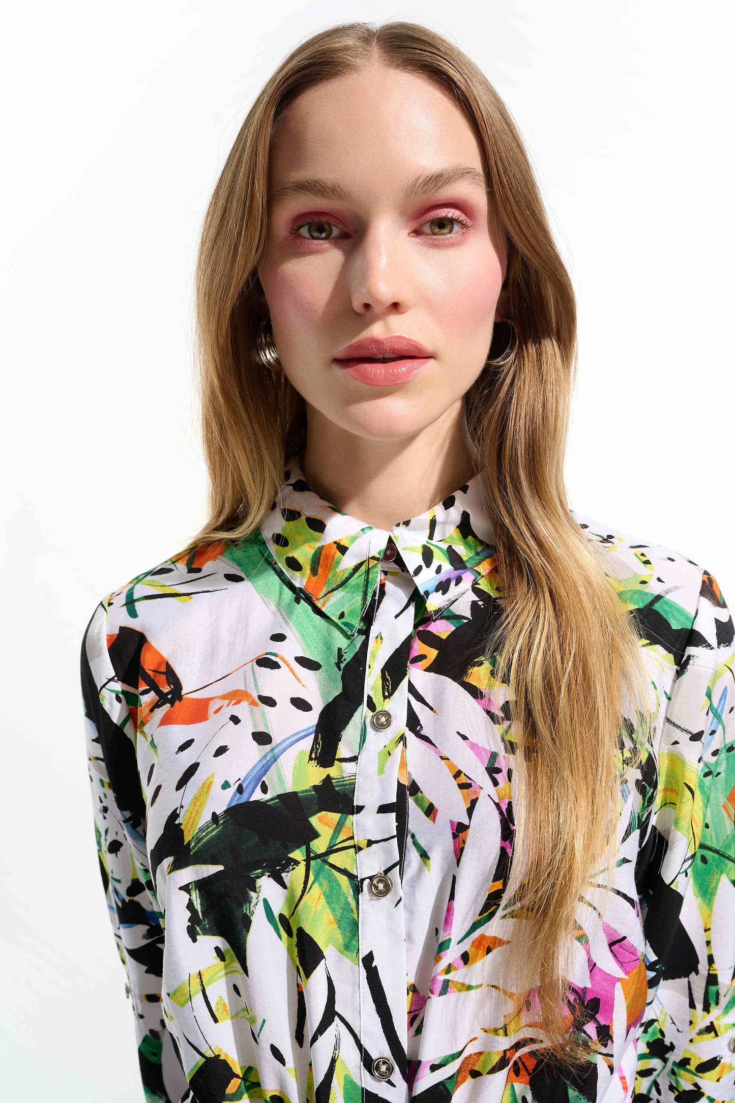 Crinkled Woven Tropical Print Shirt Dress. Style JR261623