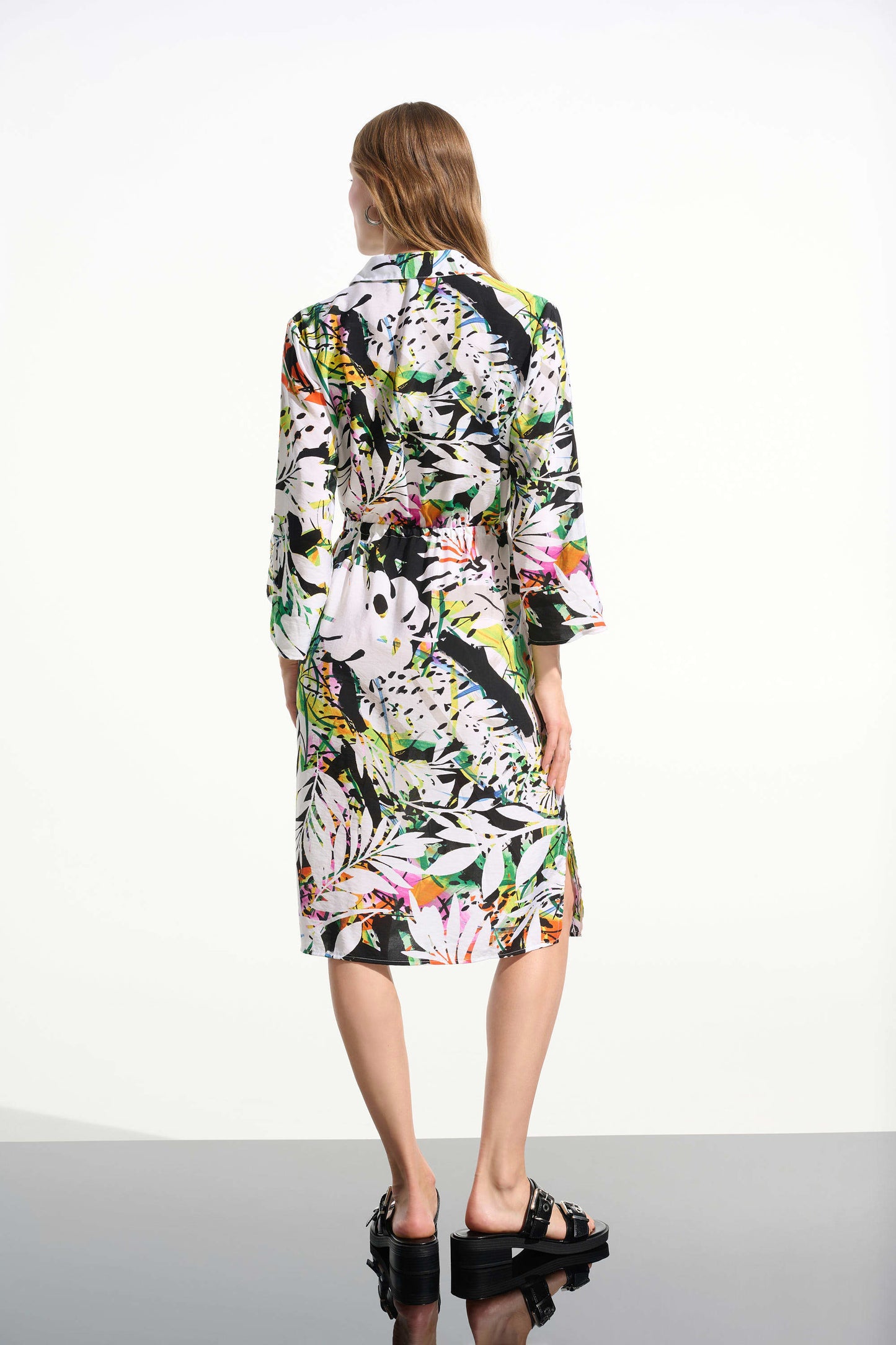 Crinkled Woven Tropical Print Shirt Dress. Style JR261623