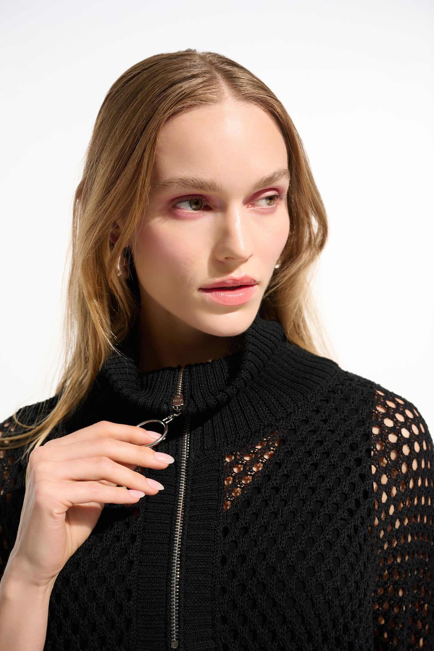Zip Turtleneck All-Over Mesh Sweater. Style JR261634