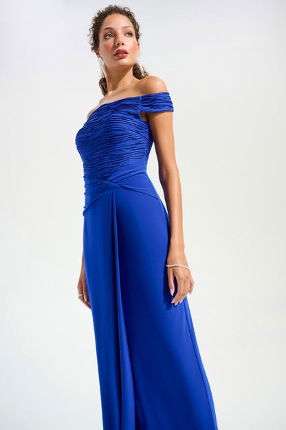 Royal Sapphire Off the Shoulder Gown. Style JR261733