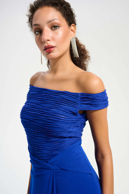 Royal Sapphire Off the Shoulder Gown. Style JR261733