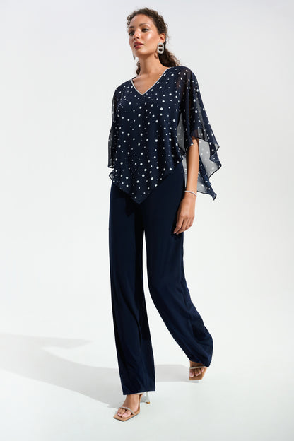 Silky Knit Dot Print Rhinestone Trim Poncho. Style JR261766