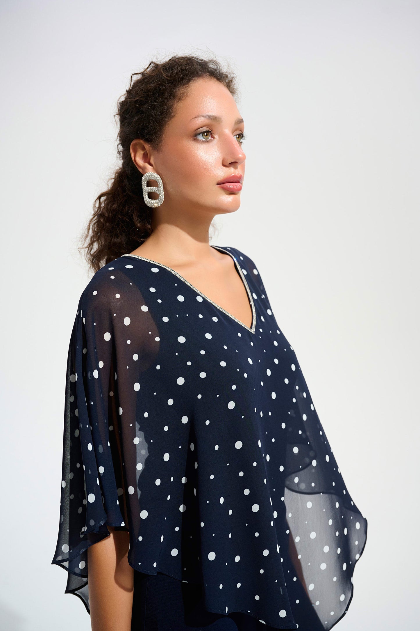 Silky Knit Dot Print Rhinestone Trim Poncho. Style JR261766