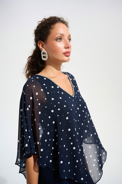 Silky Knit Dot Print Rhinestone Trim Poncho. Style JR261766