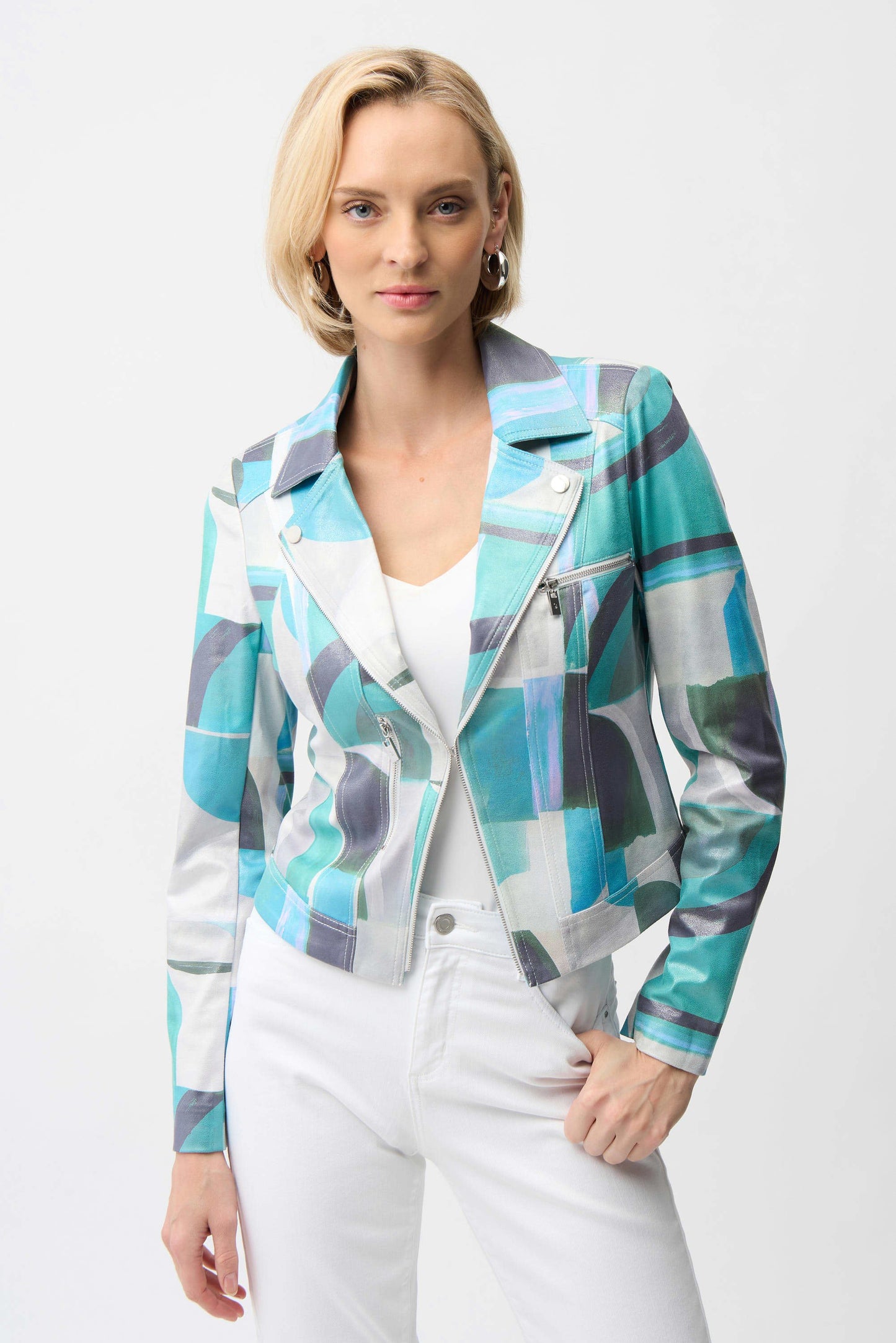 Foiled Faux Suede Geo Print Jacket. Style JR261911