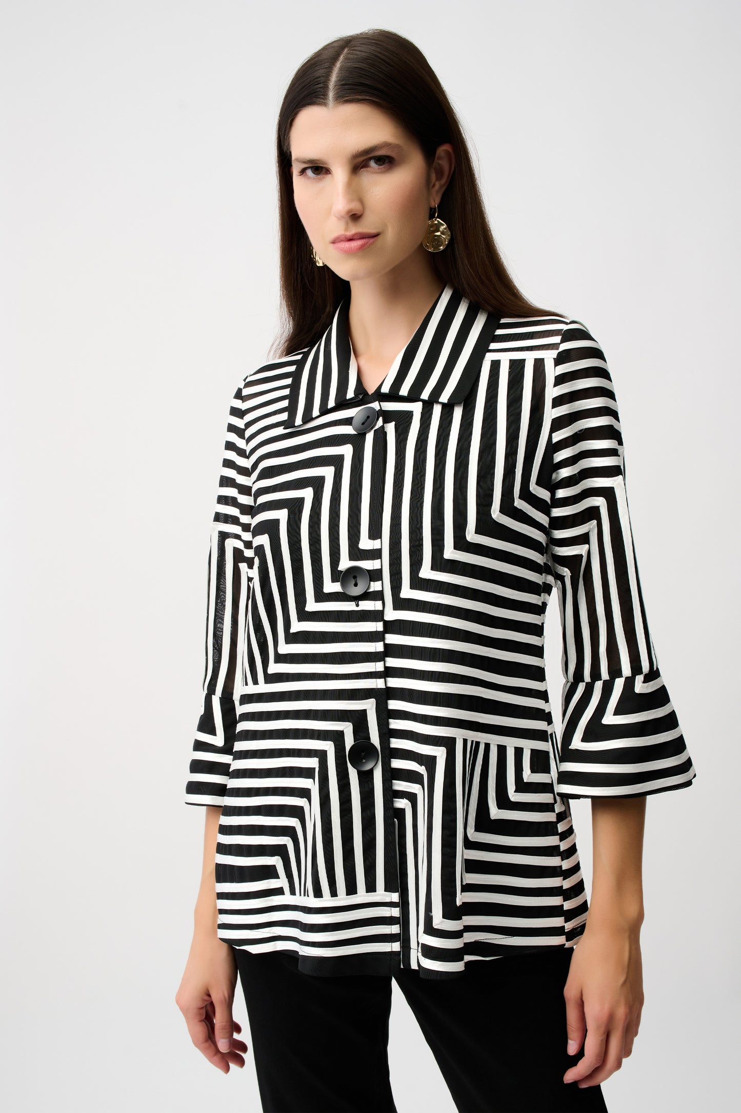 Button Front Geo Design Bell Sleeve Jacket. Style JR261980