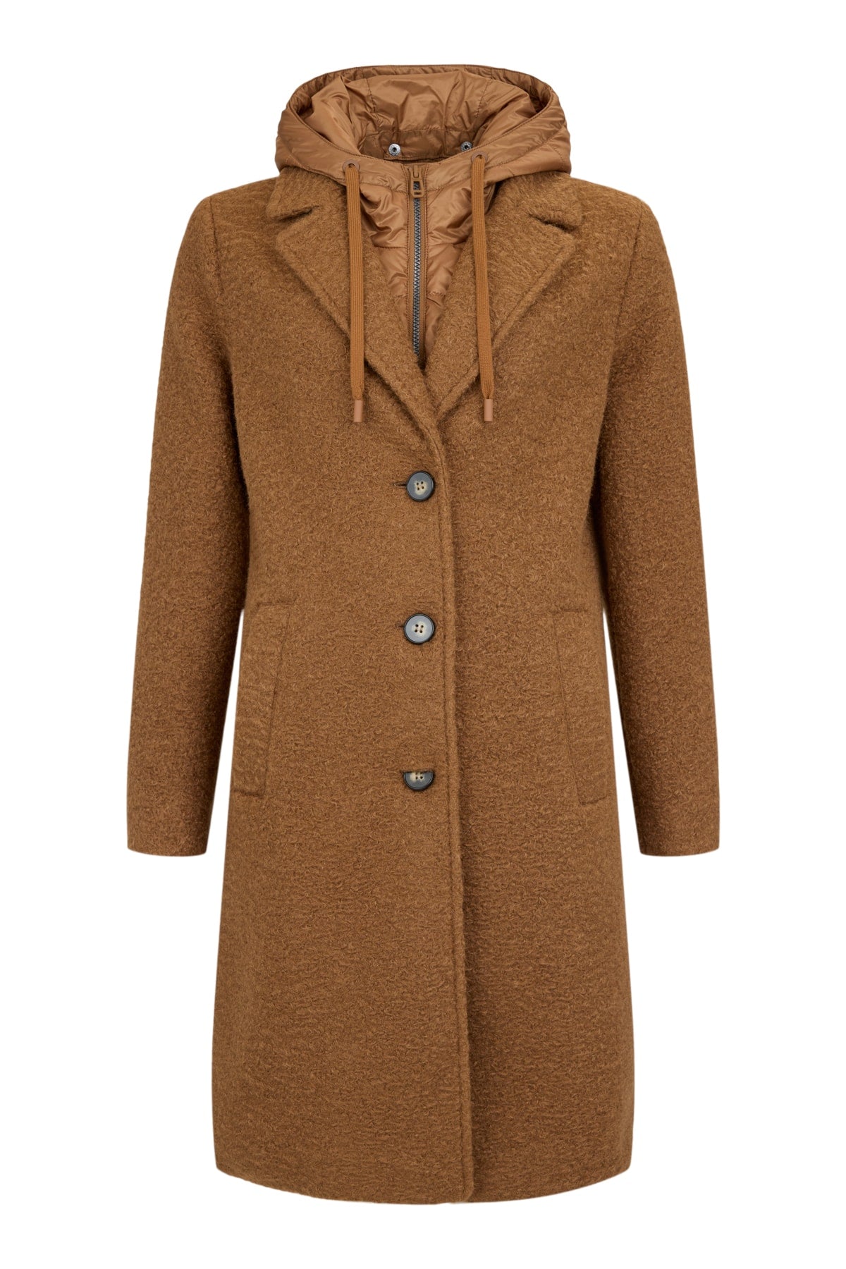 Hooded Boucle Longline with Quilted Puffer Insert Coat. Style FR591