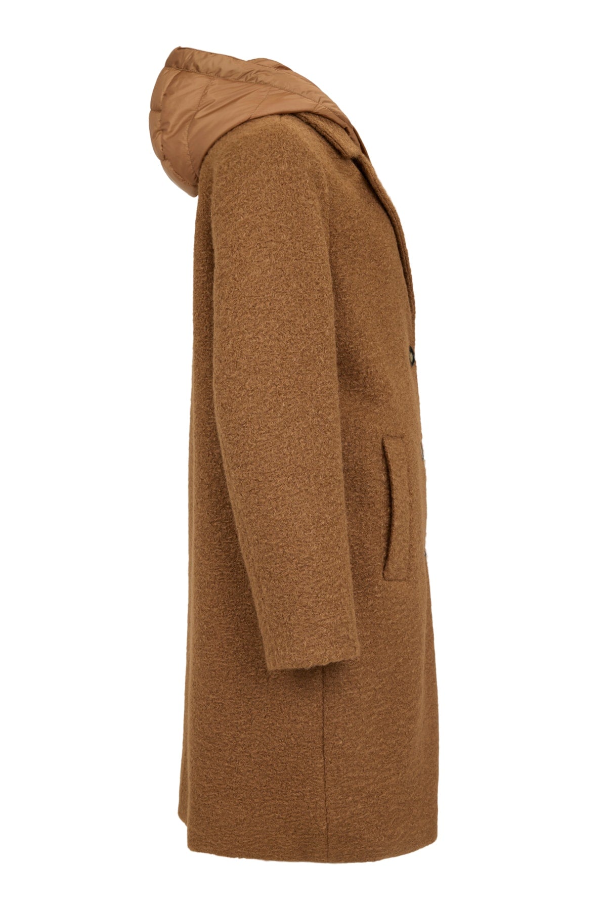 Hooded Boucle Longline with Quilted Puffer Insert Coat. Style FR591