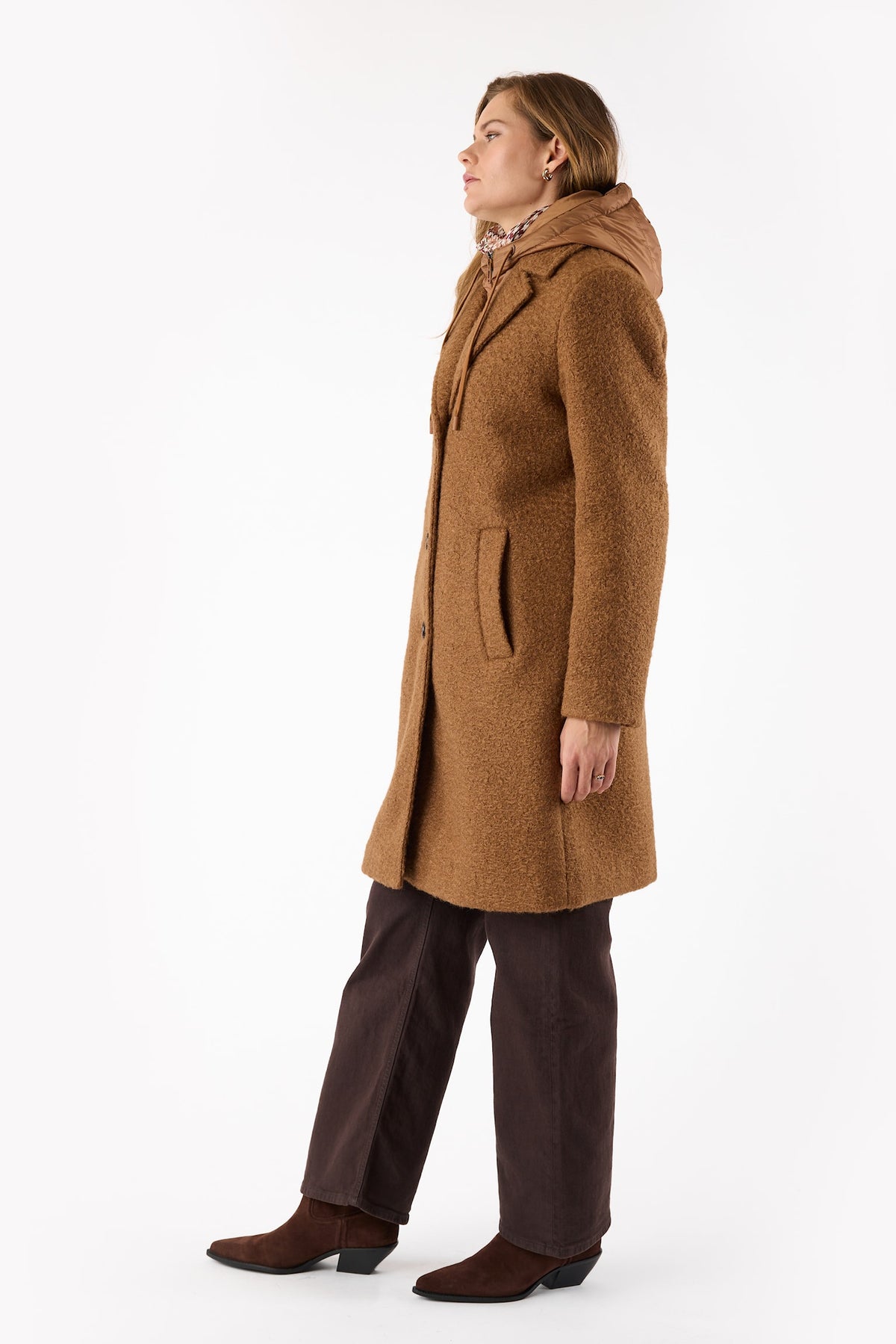 Hooded Boucle Longline with Quilted Puffer Insert Coat. Style FR591