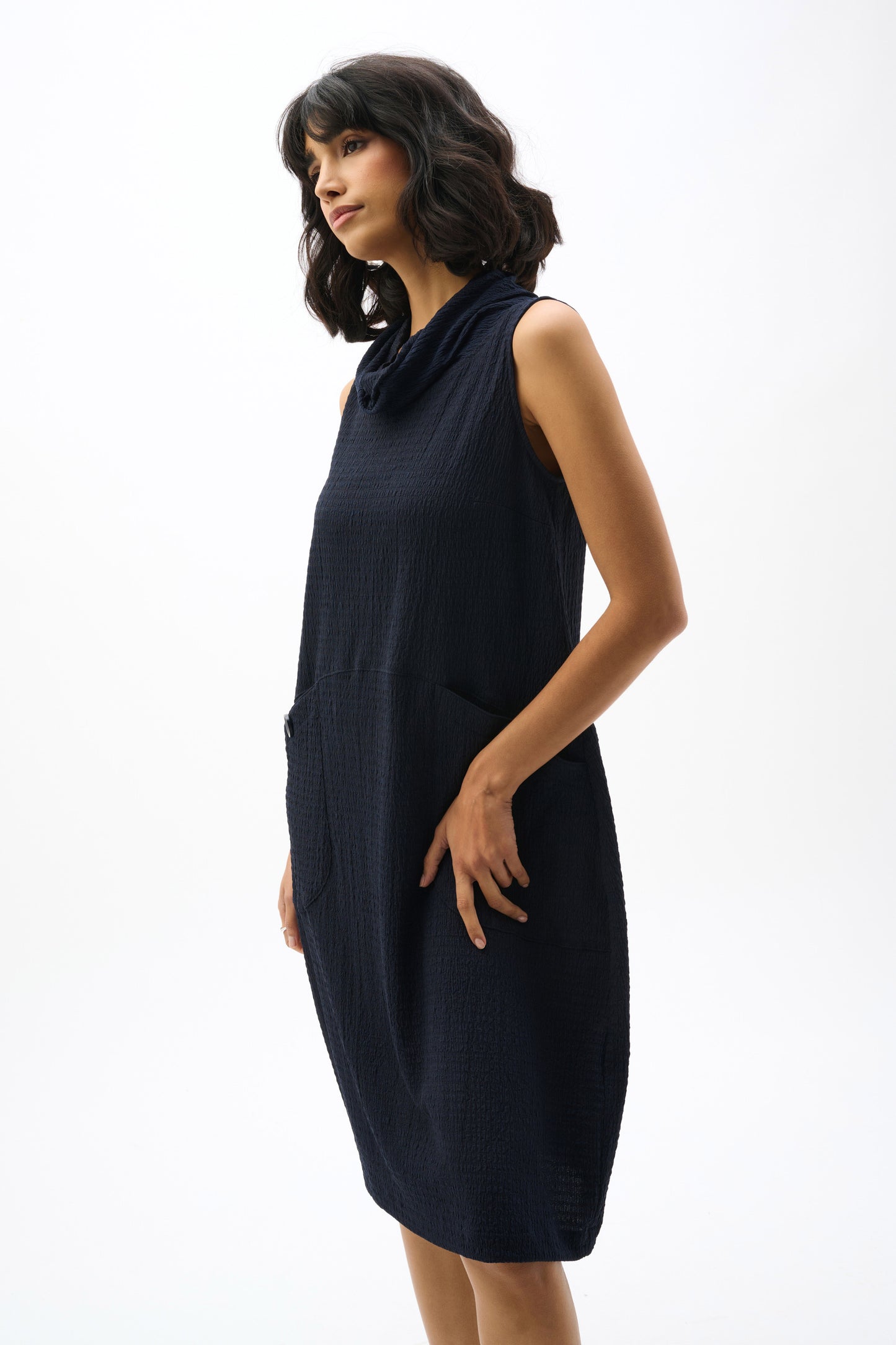 Textured Knit Funnel Collar Trapeze Dress. Style JR262114