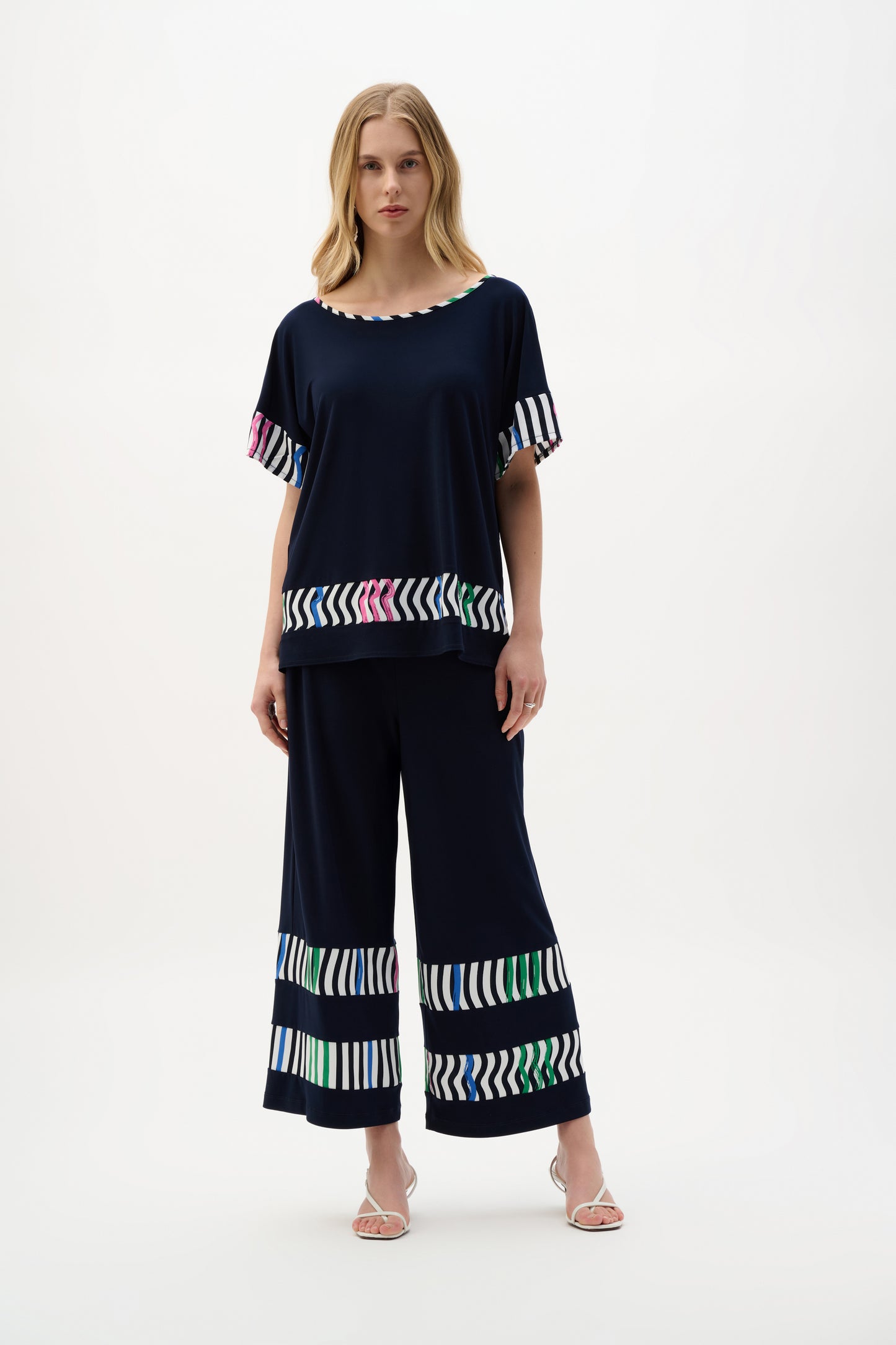 SIlky Knit And Woven Stripe Print Boxy Top. Style JR262121